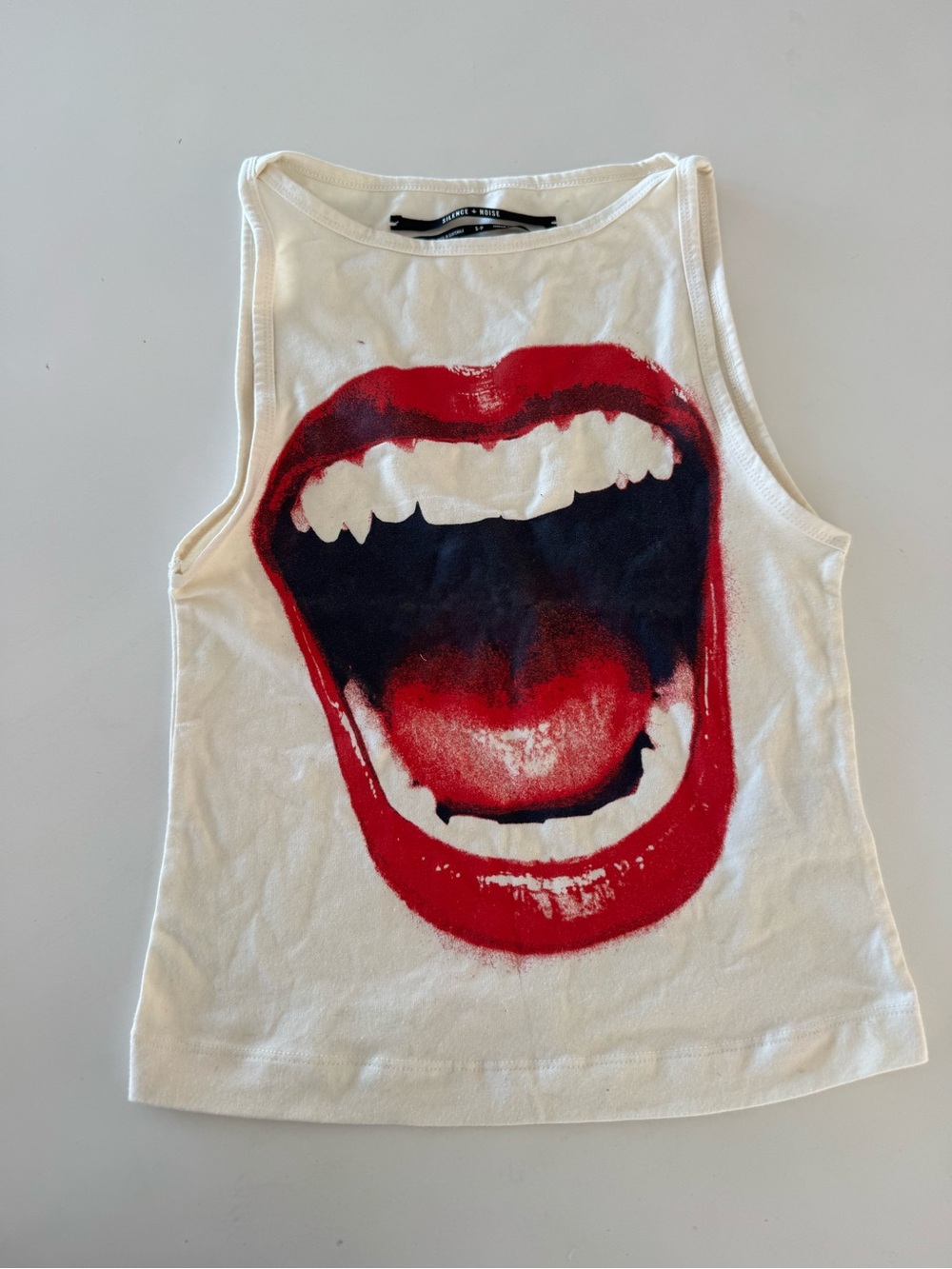 silence + noise White Tank Top with Red Graphic Mouth sz S